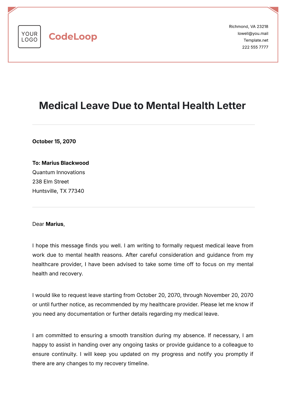 Medical Leave Due to Mental Health Letter Template - Edit Online & Download