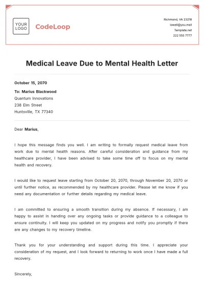 Free Medical Leave Due to Mental Health Letter Template to Edit Online