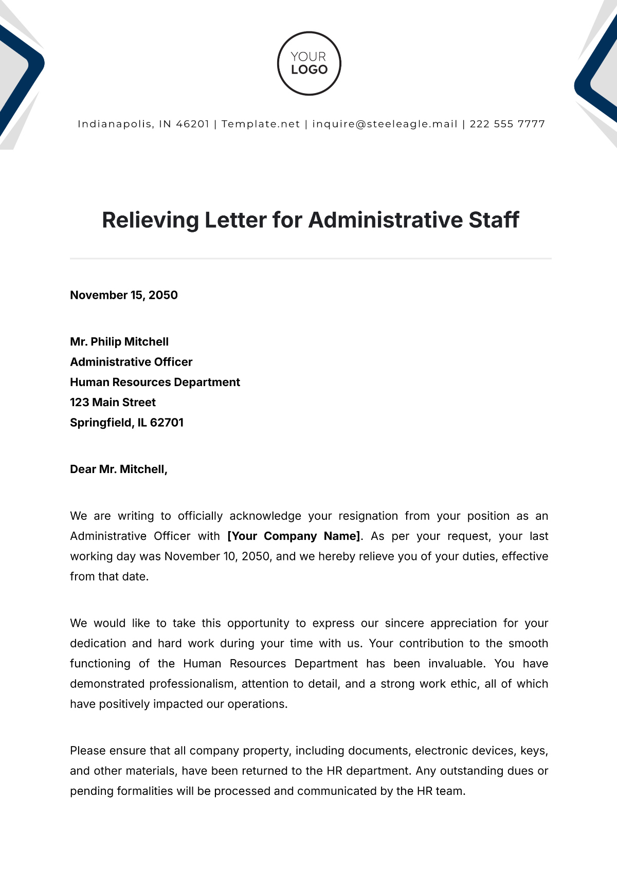 Relieving Letter for Administrative Staff Template - Edit Online & Download