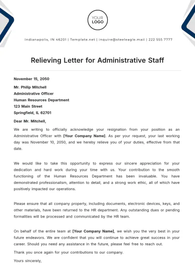 Free Relieving Letter for Administrative Staff Template to Edit Online