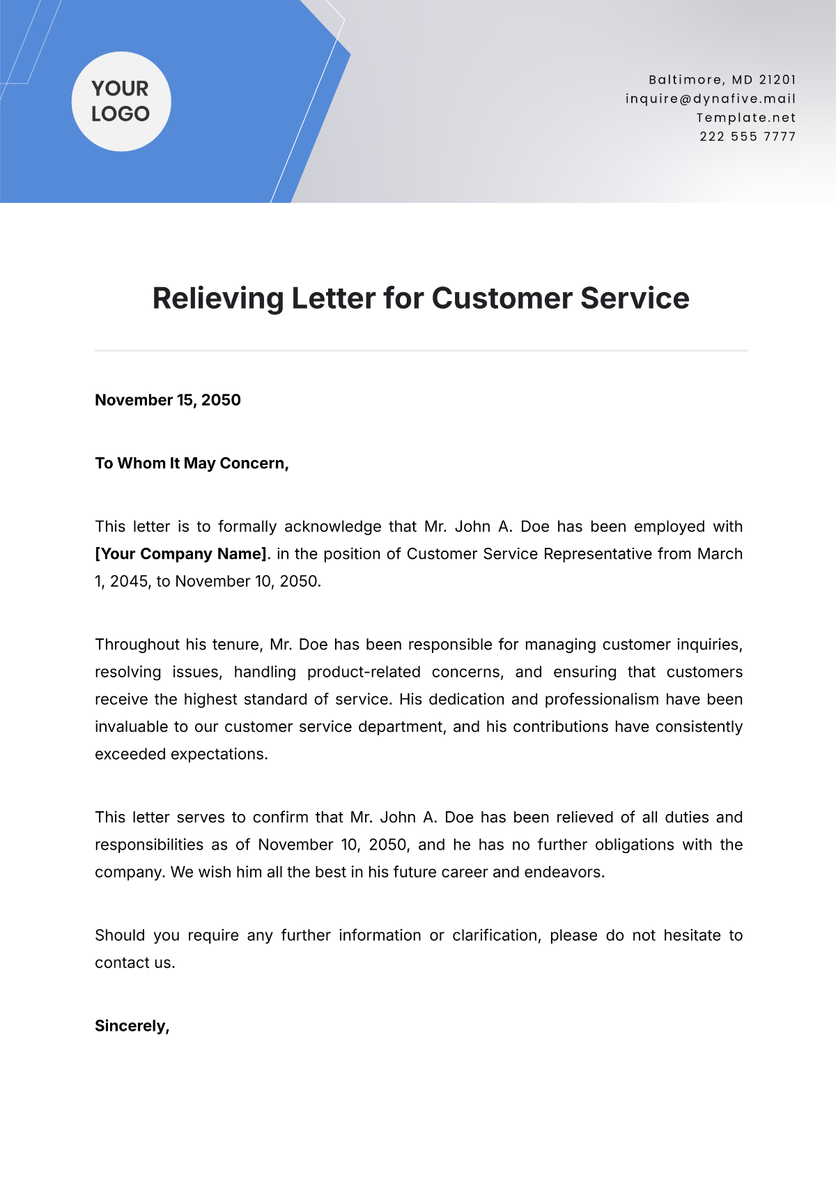 Relieving Letter for Customer Service Template - Edit Online & Download