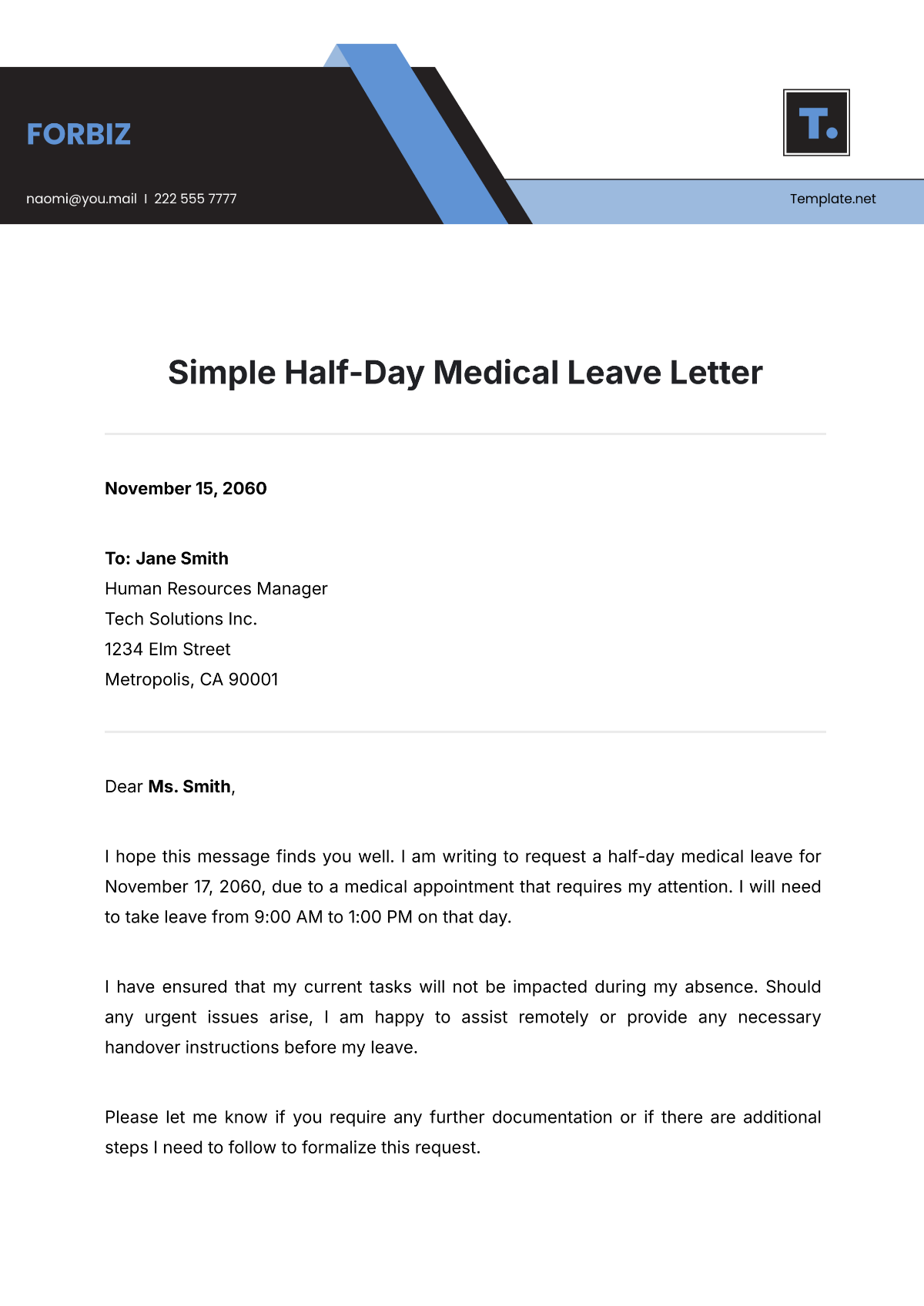 Simple Half-Day Medical Leave Letter Template - Edit Online & Download