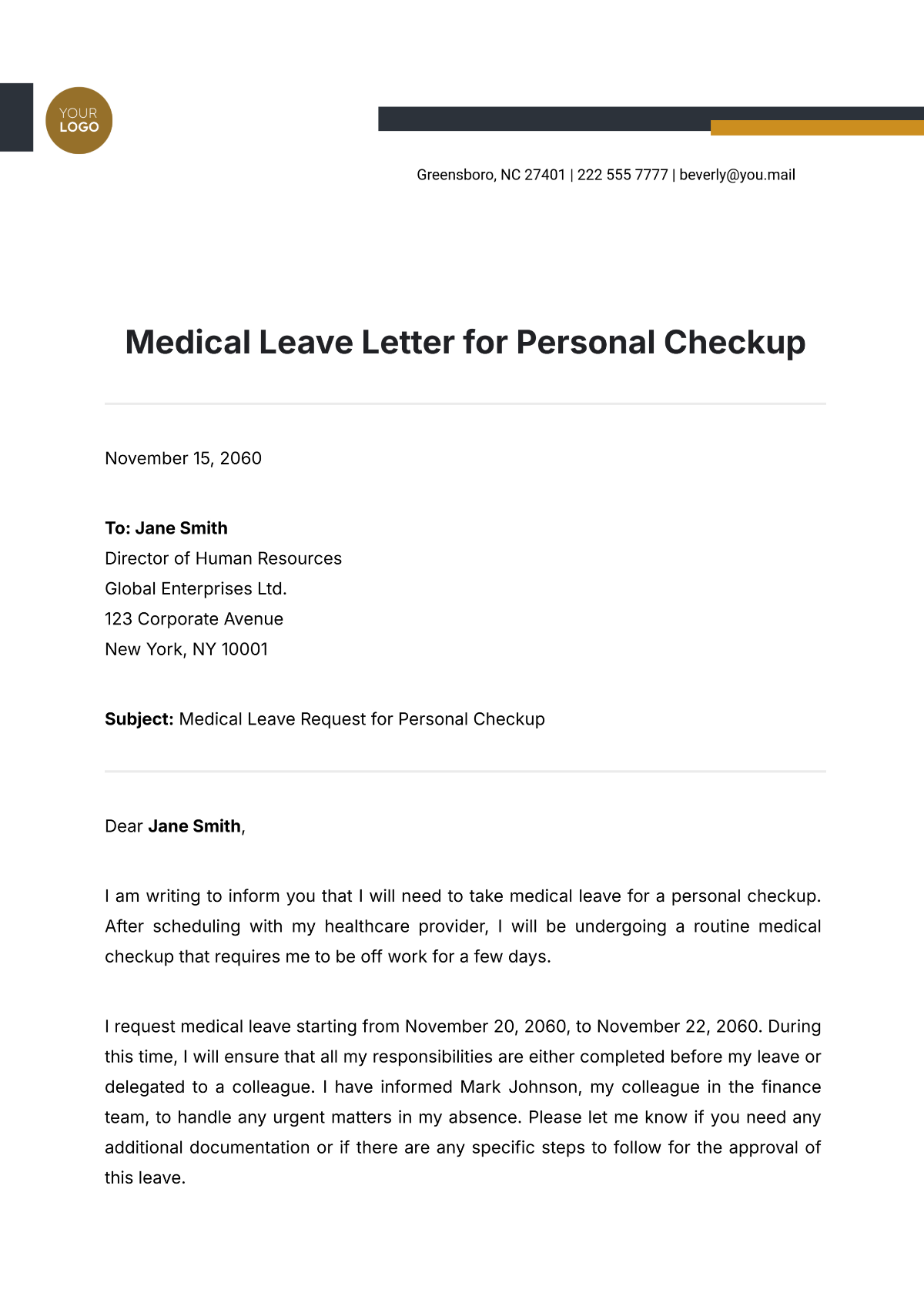 Medical Leave Letter for Personal Checkup Template - Edit Online & Download