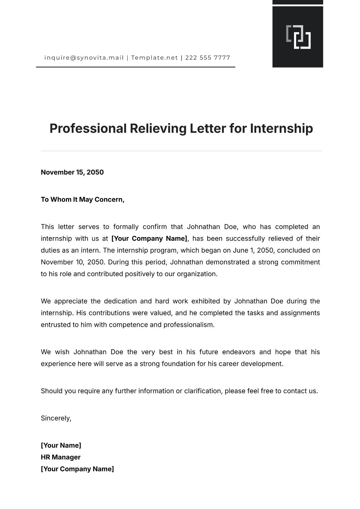 Professional Relieving Letter for Internship Template - Edit Online & Download