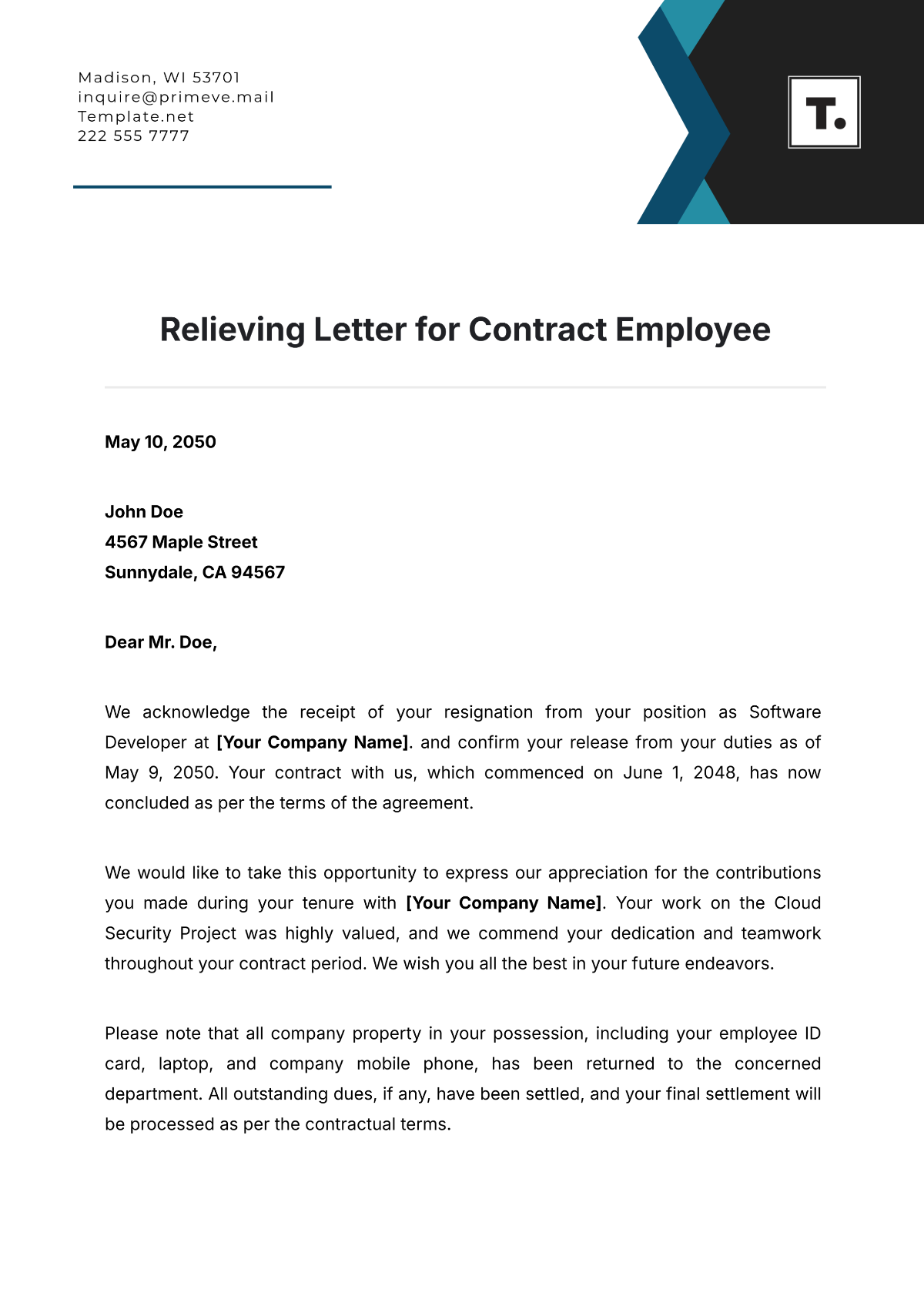 Relieving Letter for Contract Employee Template - Edit Online & Download