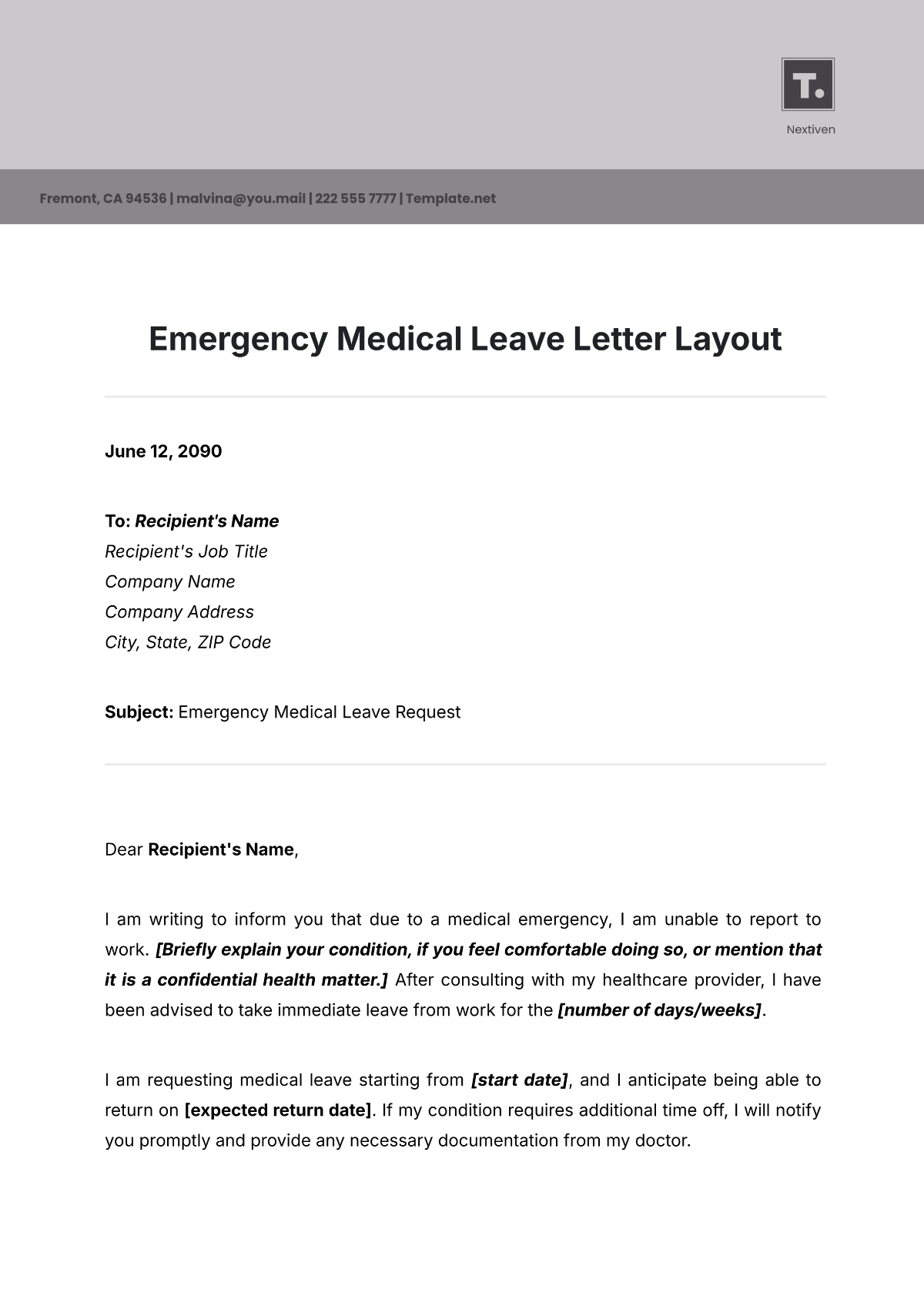 Emergency Medical Leave Letter Layout  Template - Edit Online & Download