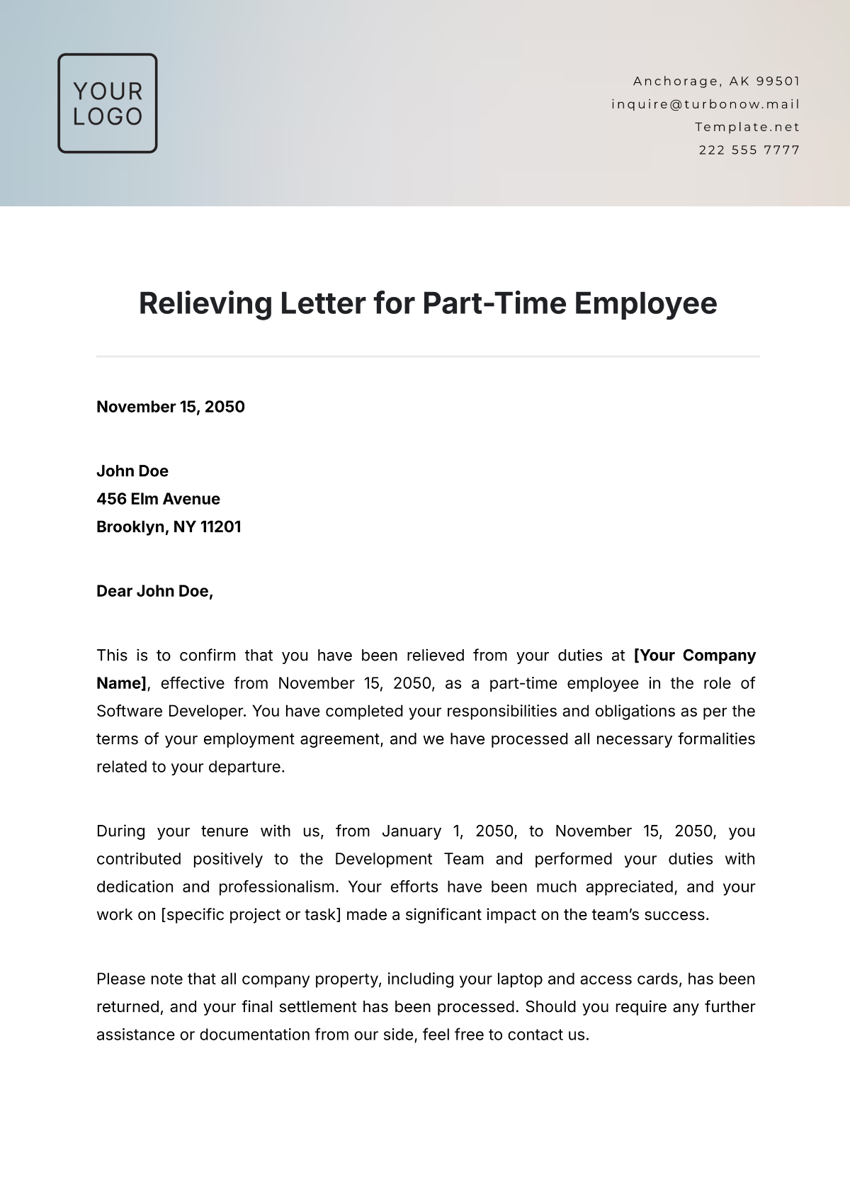 Relieving Letter for Part-Time Employee Template - Edit Online & Download