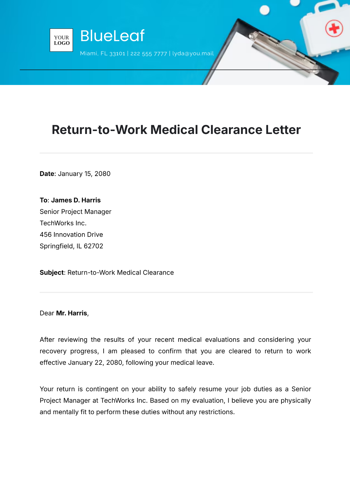 Return-to-Work Medical Clearance Letter Template - Edit Online & Download