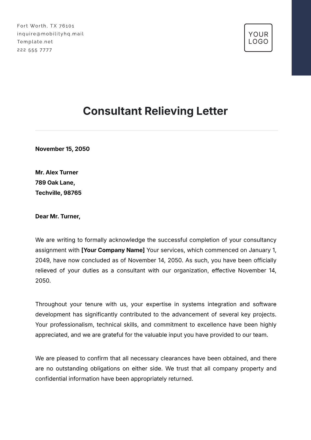 Consultant Relieving Letter Template - Edit Online & Download