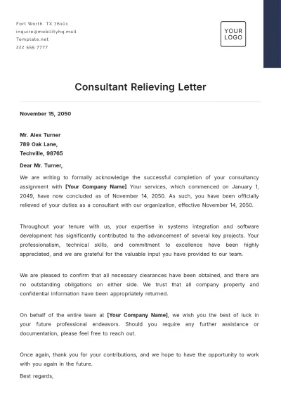 Free Consultant Relieving Letter Template to Edit Online