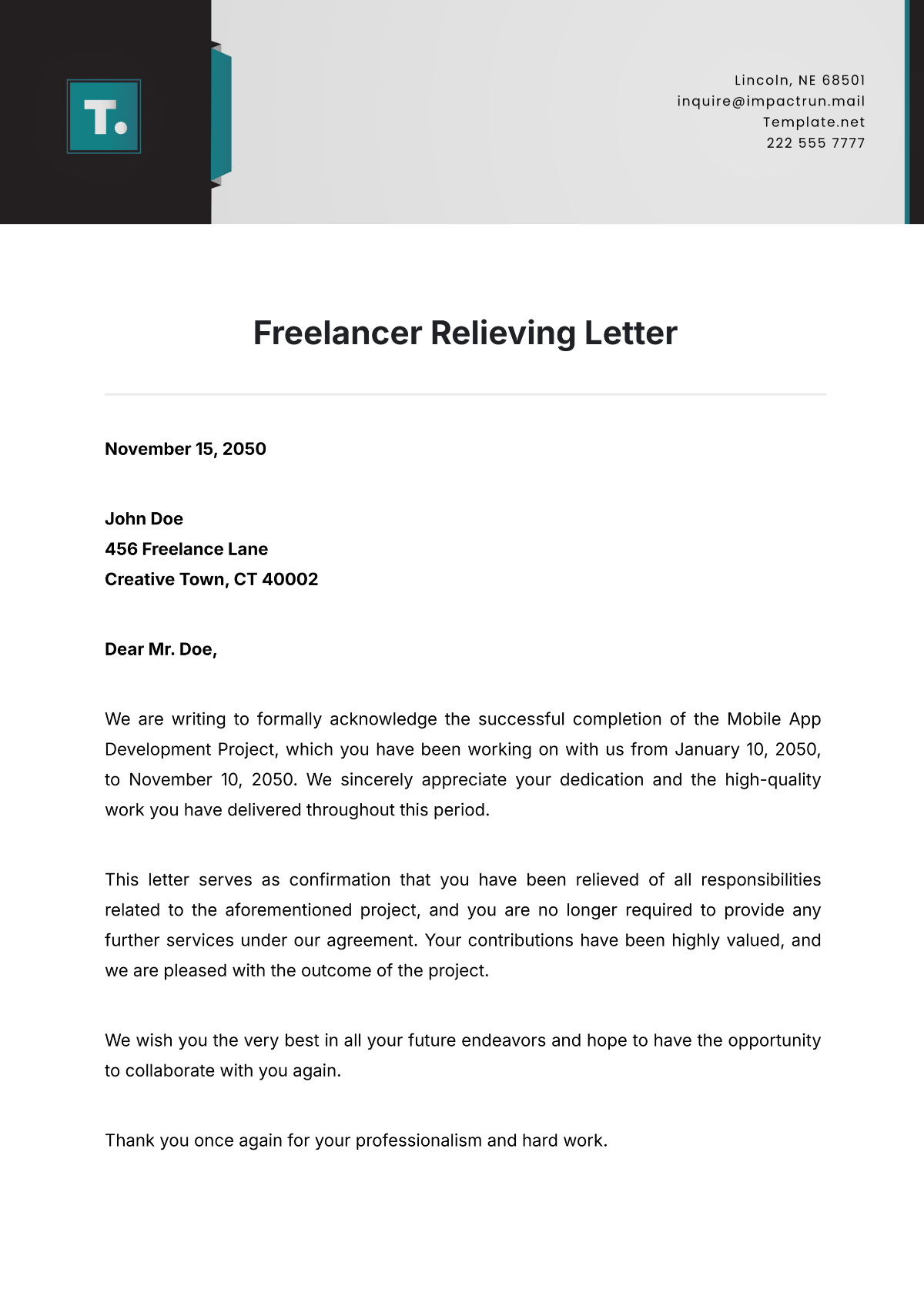 Freelancer Relieving Letter Template - Edit Online & Download