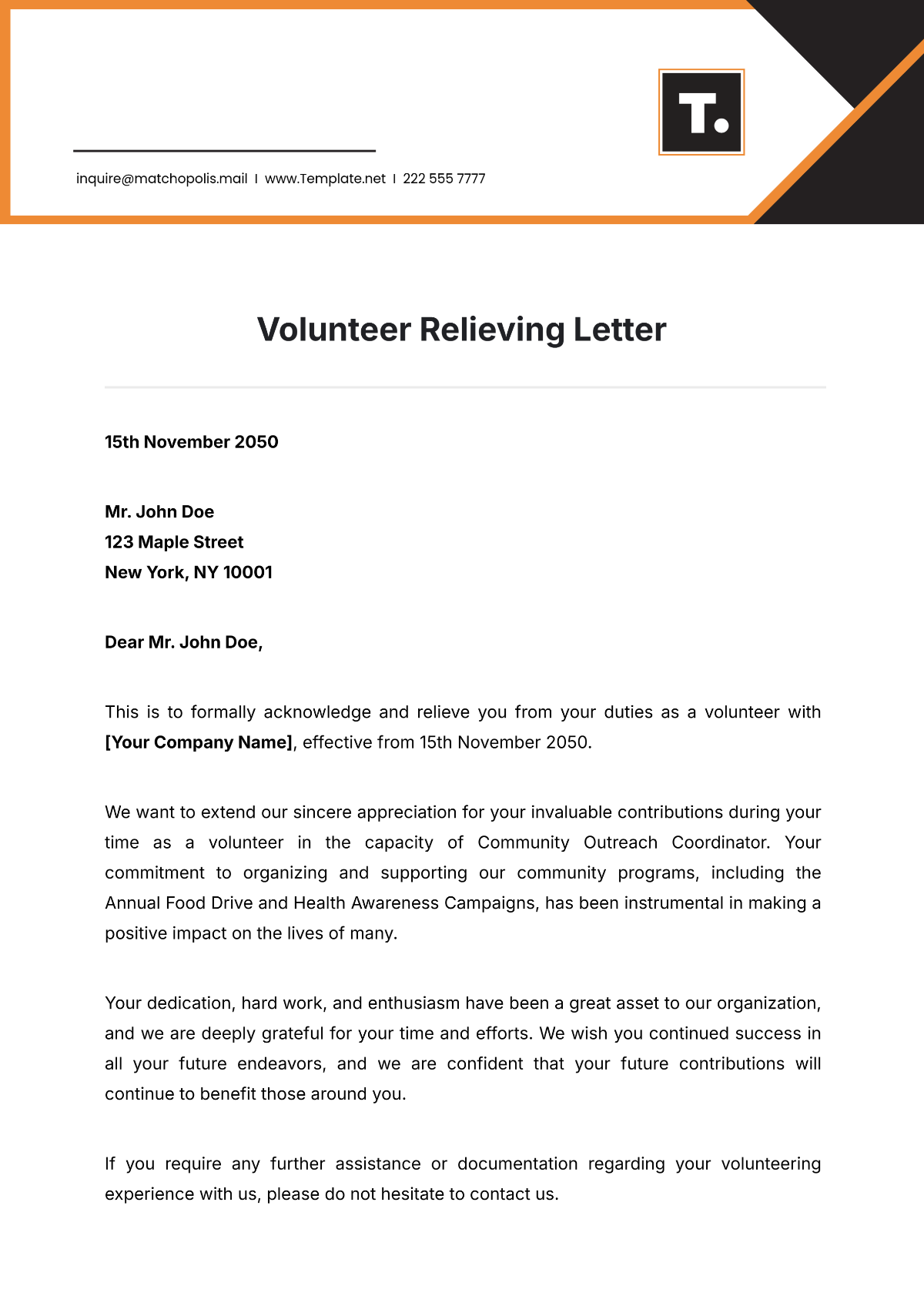 Volunteer Relieving Letter Template - Edit Online & Download