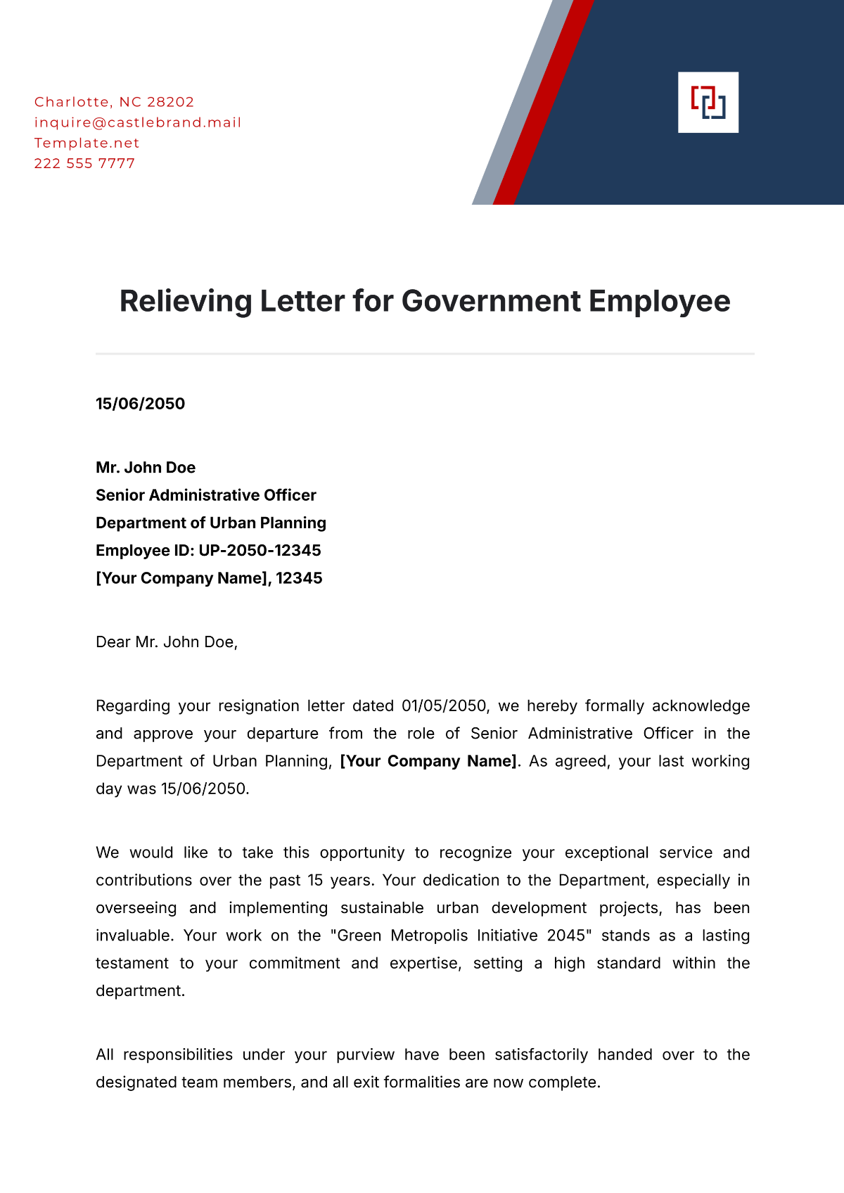 Relieving Letter for Government Employee Template - Edit Online & Download