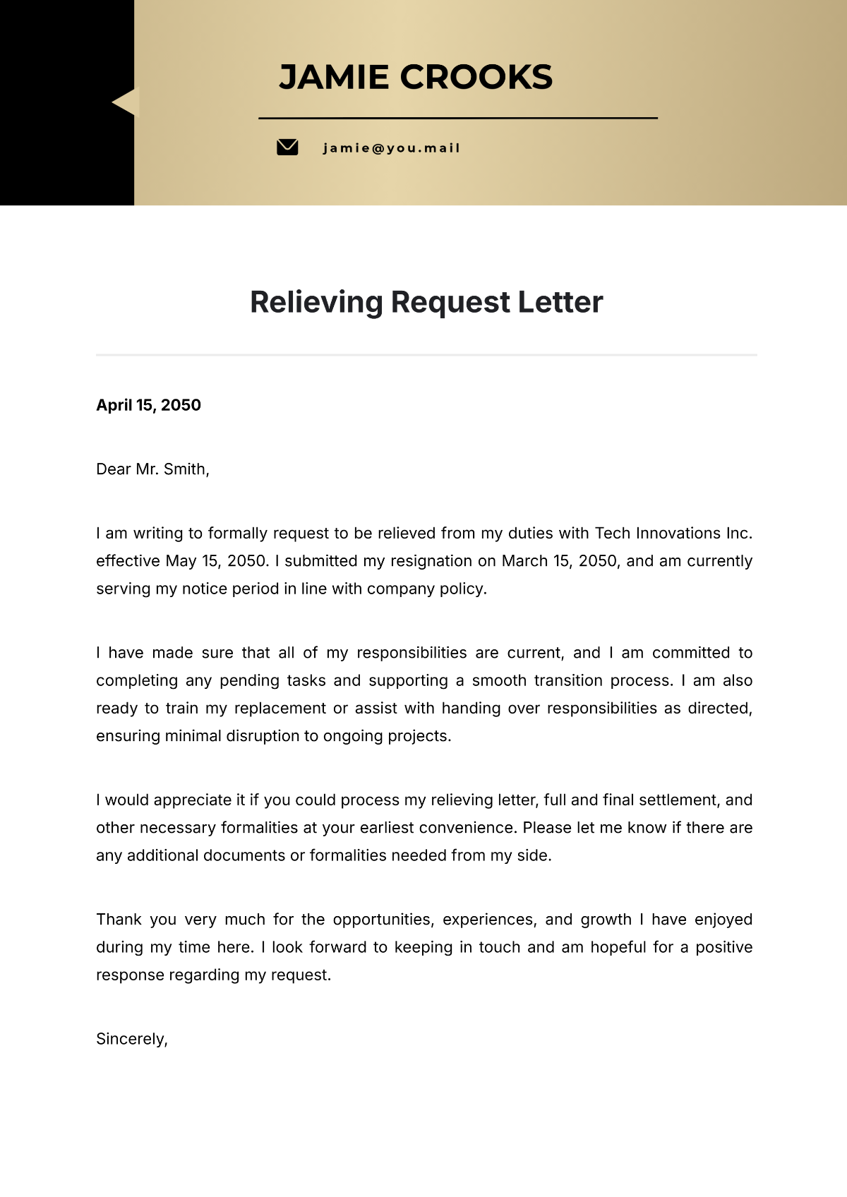 Relieving Request Letter Template - Edit Online & Download