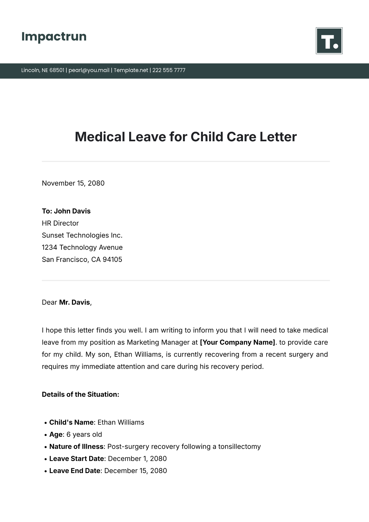 Medical Leave for Child Care Letter Template - Edit Online & Download