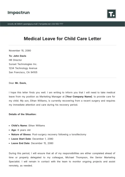 Free Medical Leave for Child Care Letter Template to Edit Online