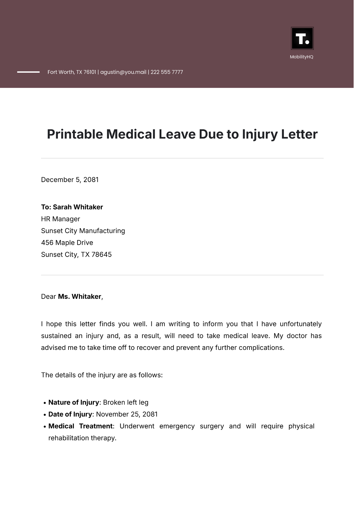 Printable Medical Leave Due to Injury Letter Template - Edit Online & Download