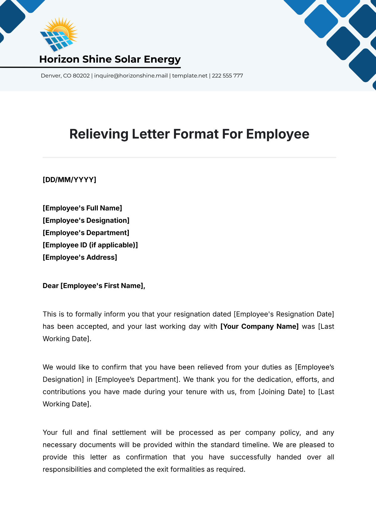 Relieving Letter Format For Employee Template - Edit Online & Download