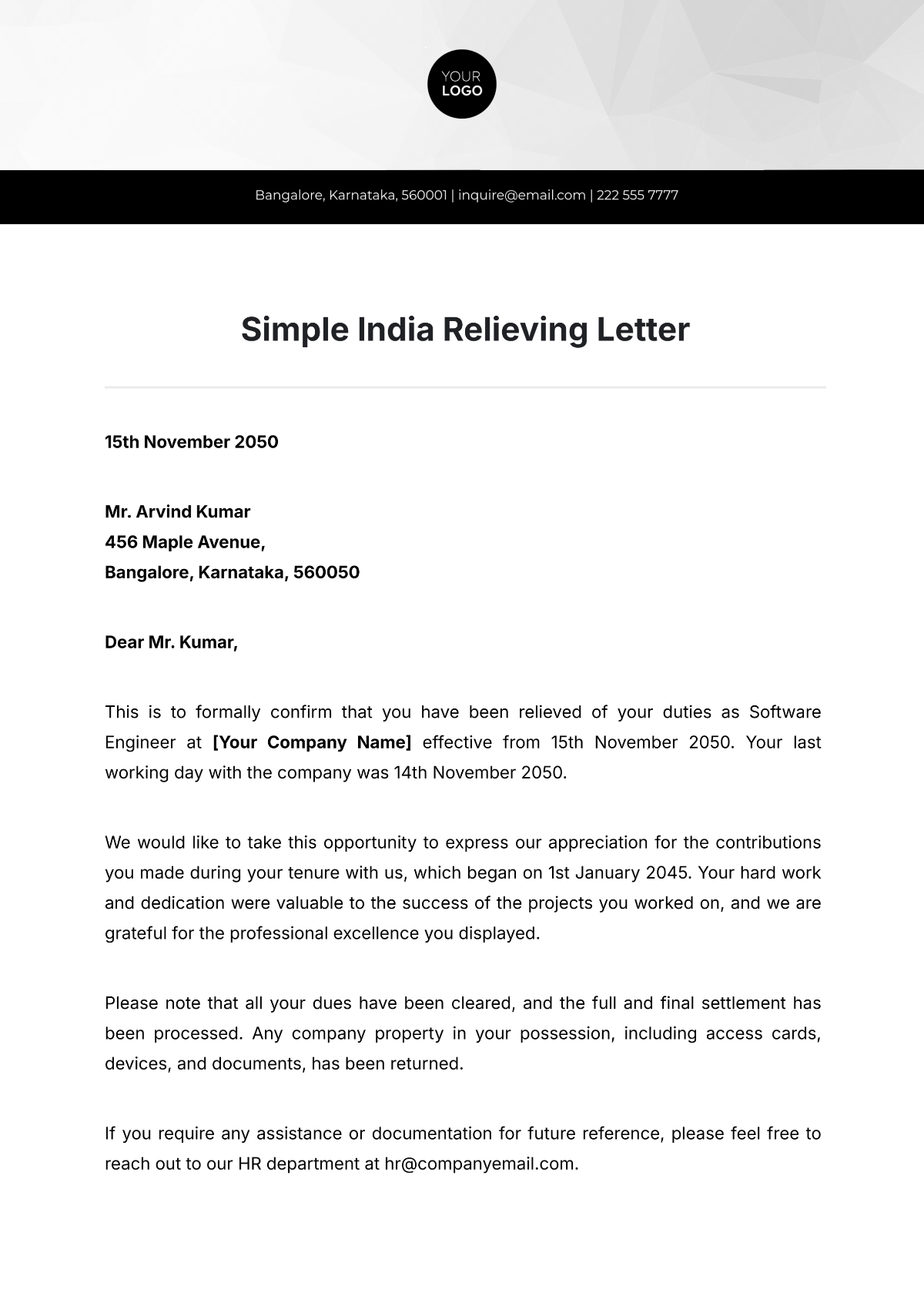 Simple India Relieving Letter Template - Edit Online & Download