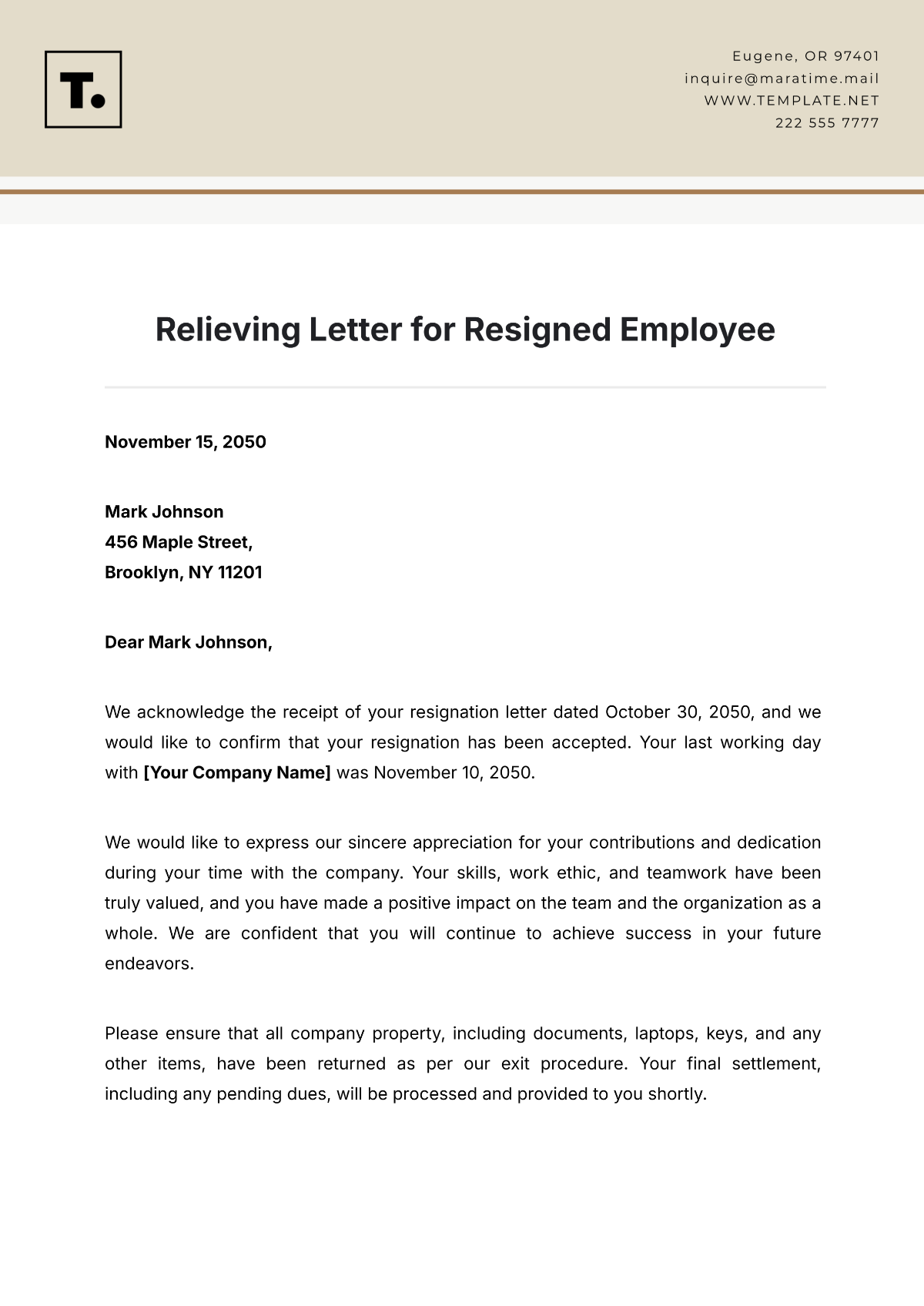 Relieving Letter for Resigned Employee Template - Edit Online & Download