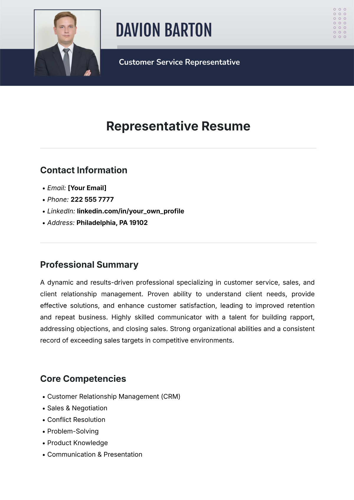 Representative Resume Template - Edit Online & Download