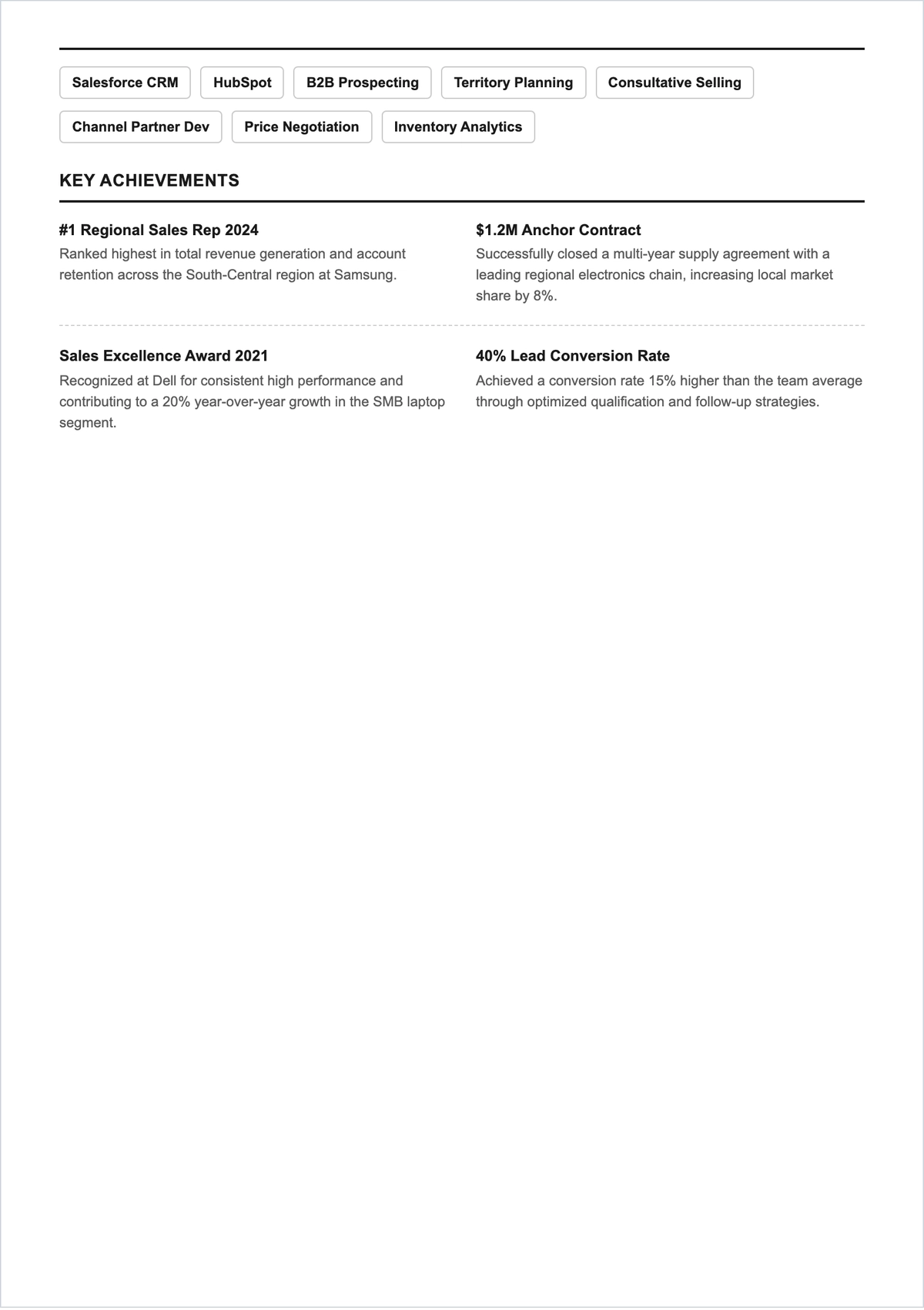 Free Sample Sales Representative ATS Resume Template