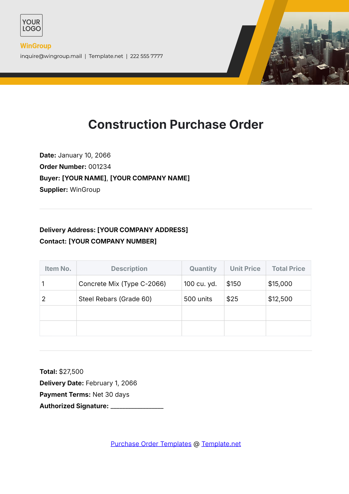 Construction Purchase Order Template - Edit Online & Download