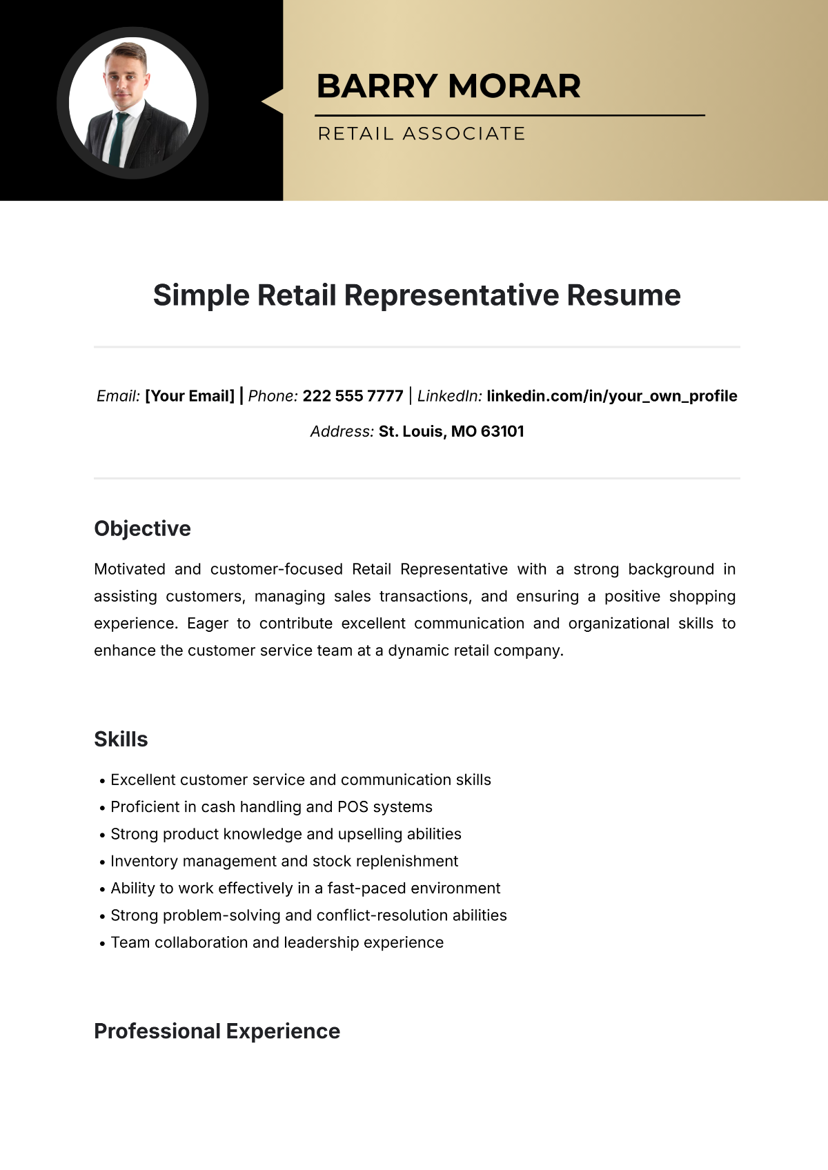 Simple Retail Representative Resume Template - Edit Online & Download