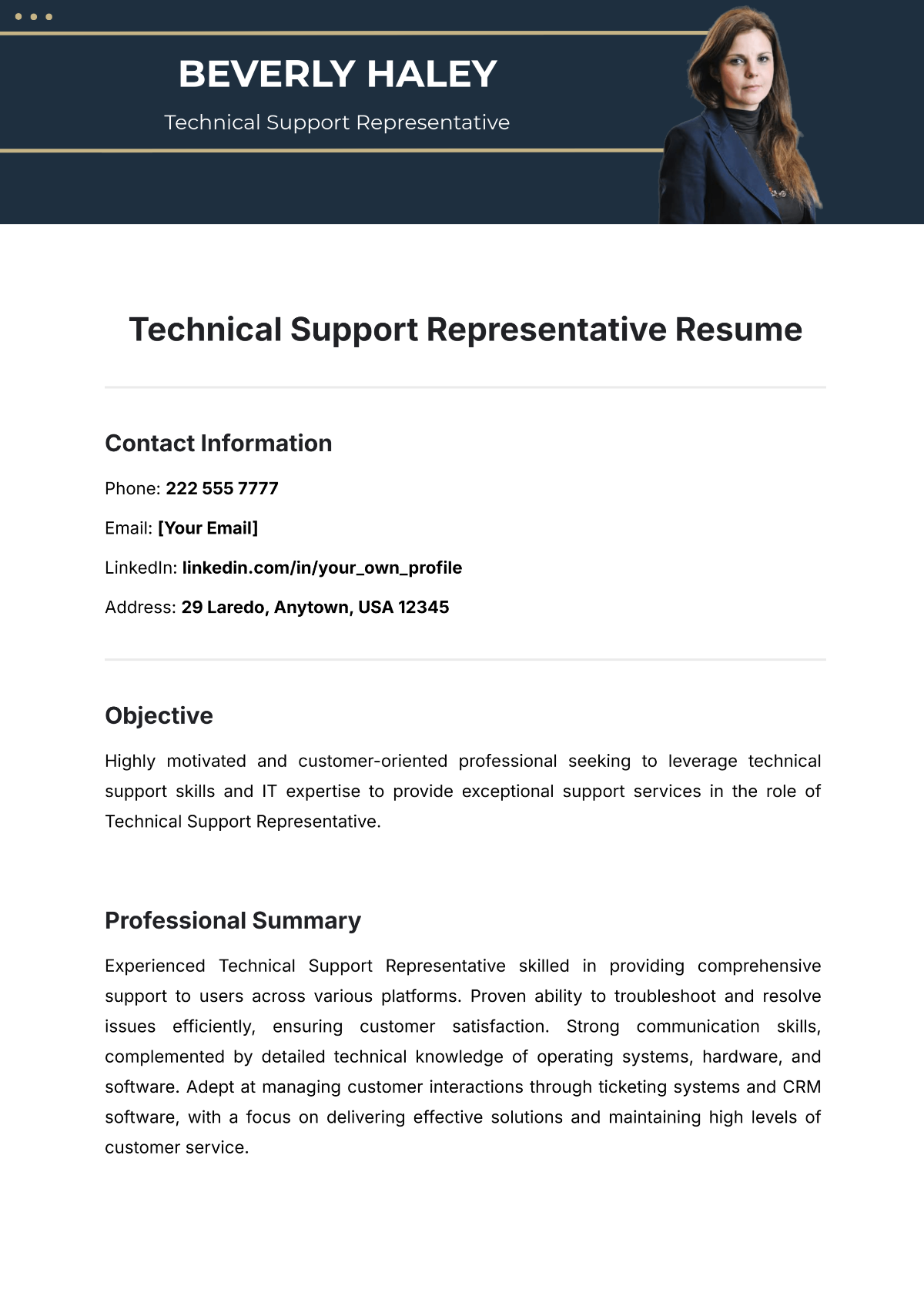 Technical Support Representative Resume Template - Edit Online & Download