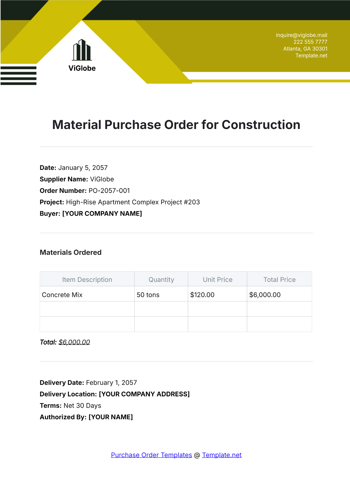 Material Purchase Order Template for Construction - Edit Online & Download