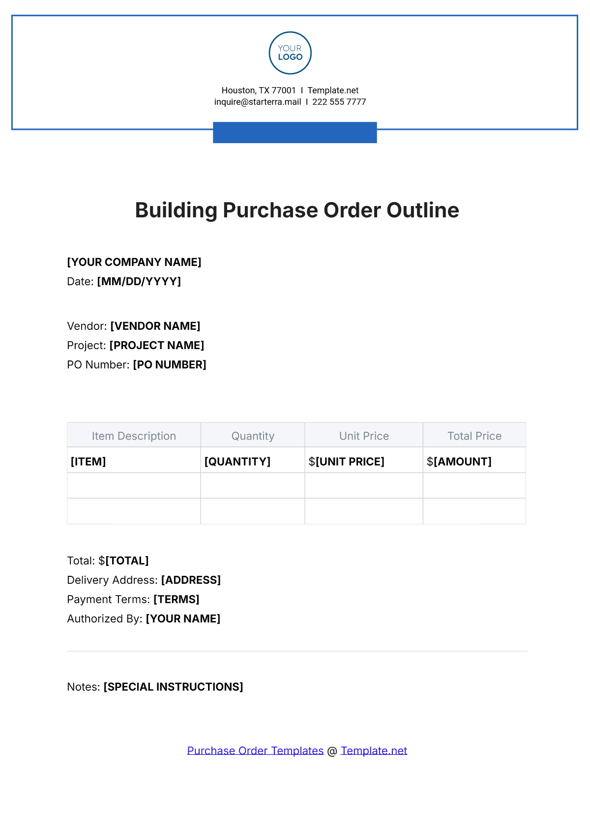 Building Purchase Order Outline Template - Edit Online & Download