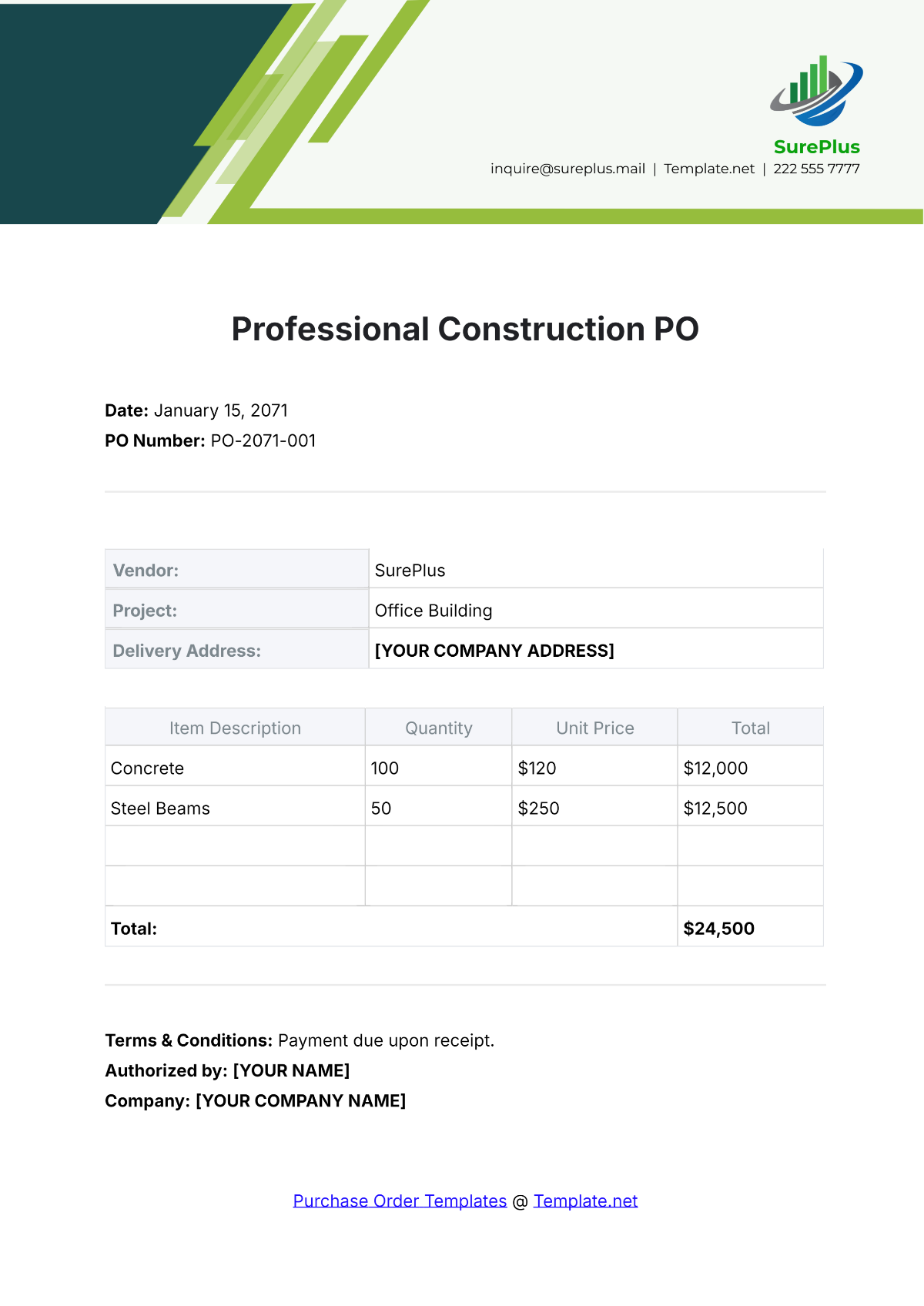 Professional Construction PO Template - Edit Online & Download