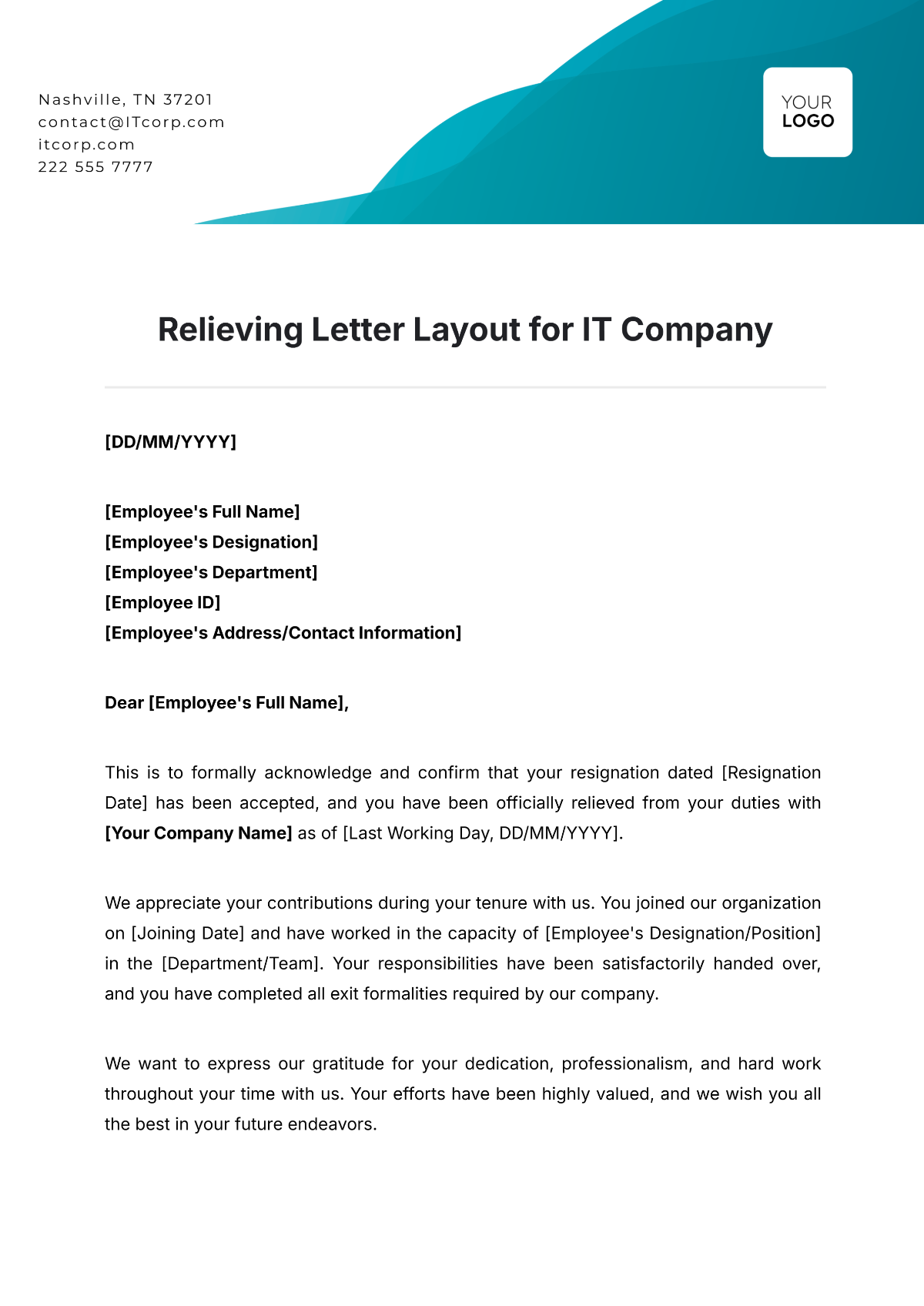 Relieving Letter Layout for IT Company Template - Edit Online & Download