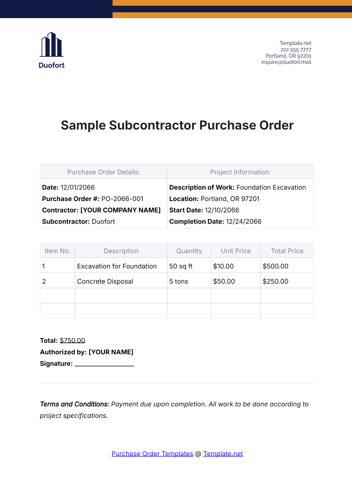 Sample Subcontractor Purchase Order Template - Edit Online & Download