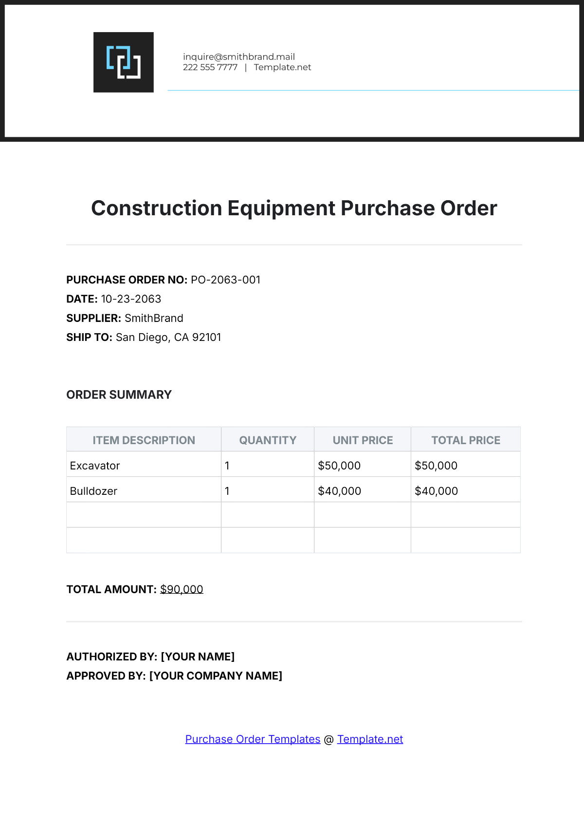 Construction Equipment Purchase Order Template - Edit Online & Download