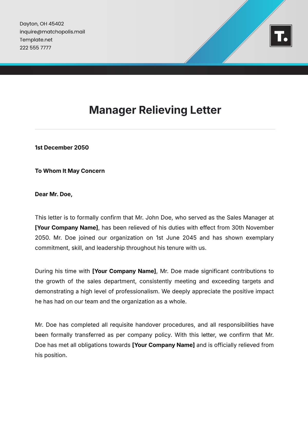 Manager Relieving Letter Template - Edit Online & Download