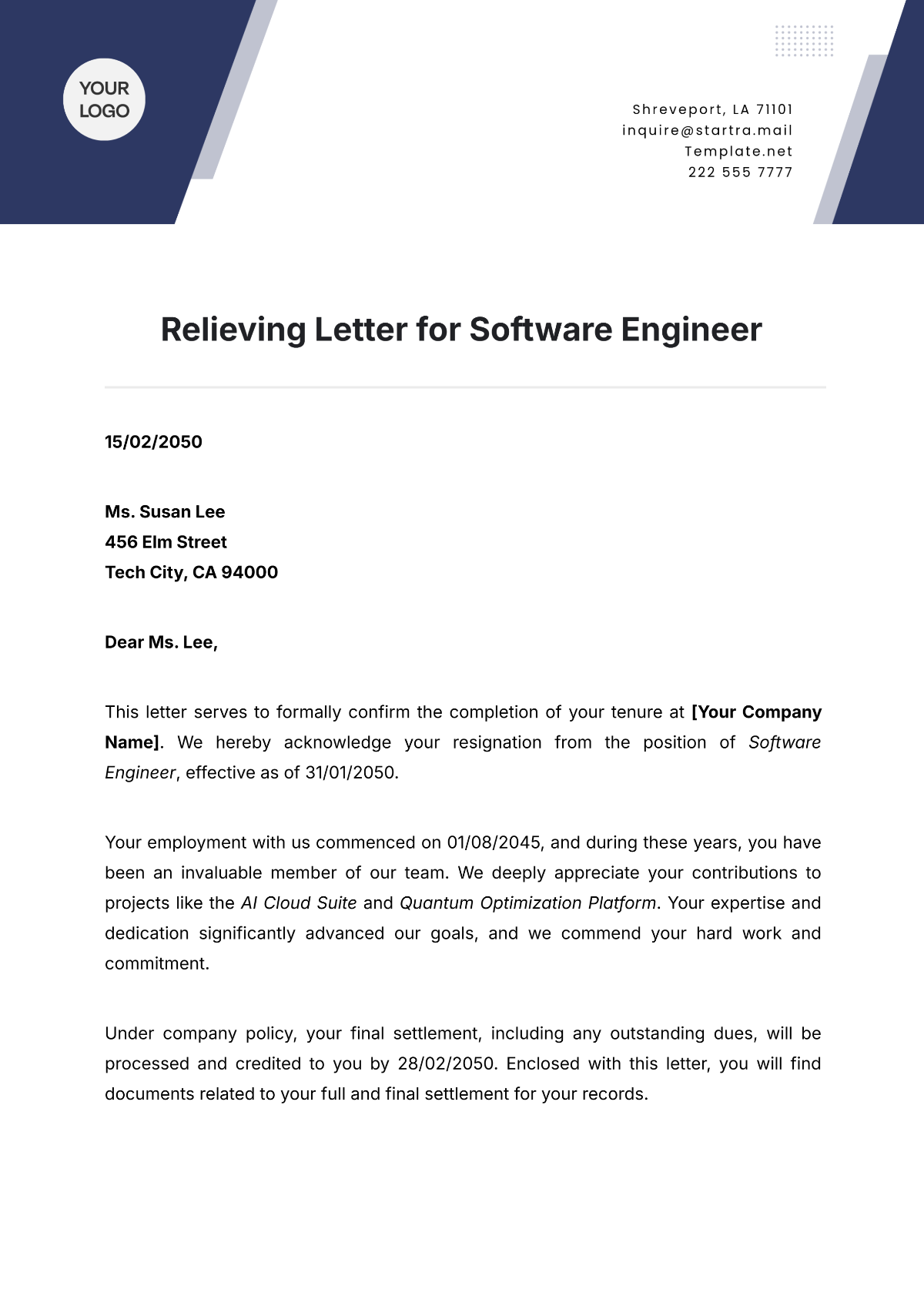 Relieving Letter for Software Engineer Template - Edit Online & Download