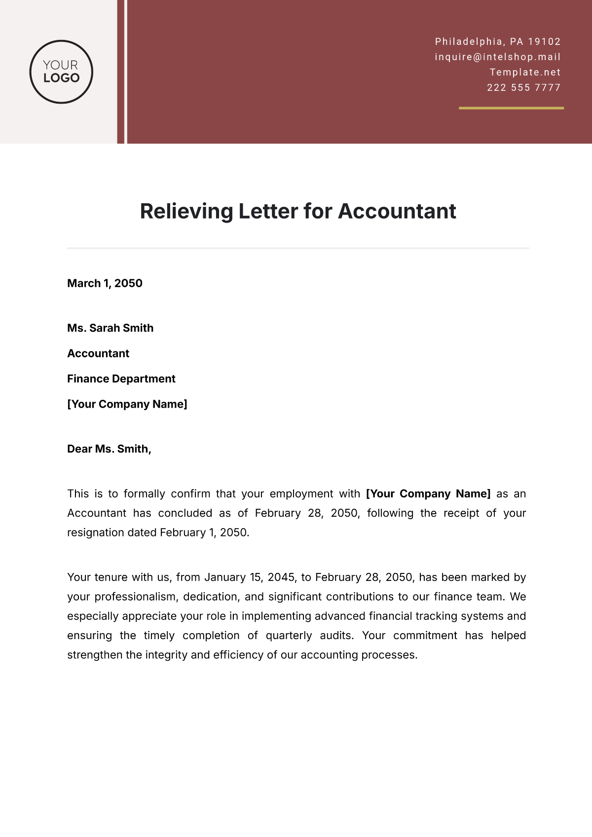 Relieving Letter for Accountant Template - Edit Online & Download