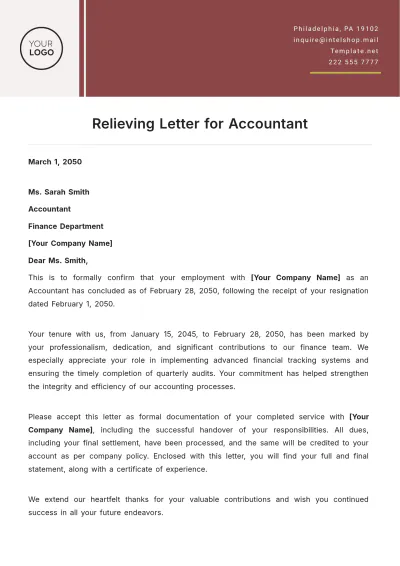 Free Relieving Letter for Accountant Template to Edit Online
