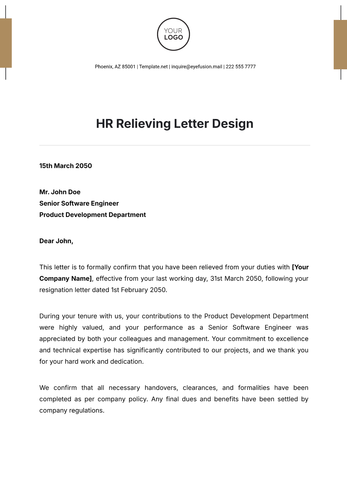 HR Relieving Letter Design Template - Edit Online & Download