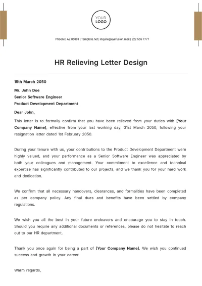 Free HR Relieving Letter Design Template to Edit Online