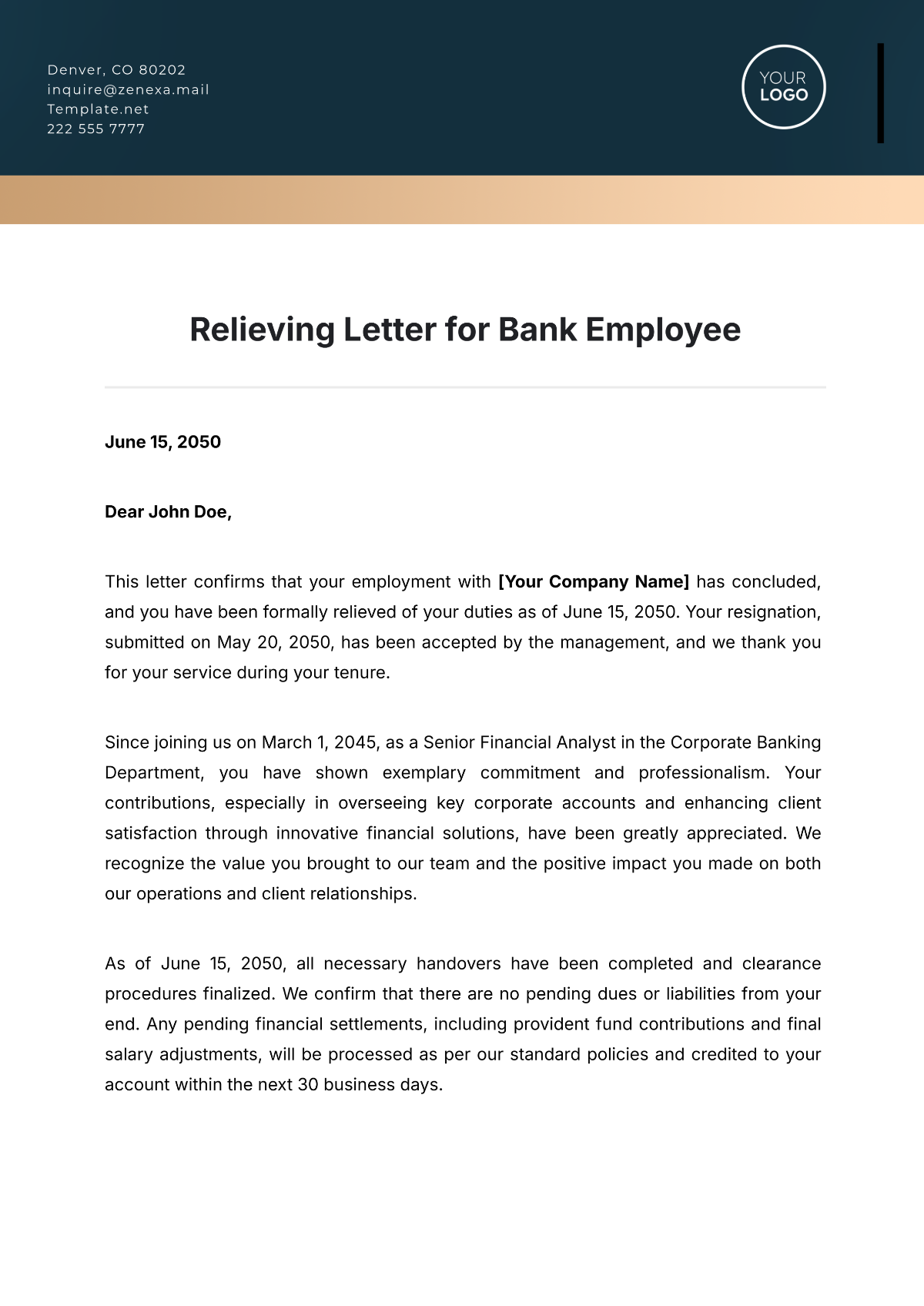 Relieving Letter for Bank Employee Template - Edit Online & Download