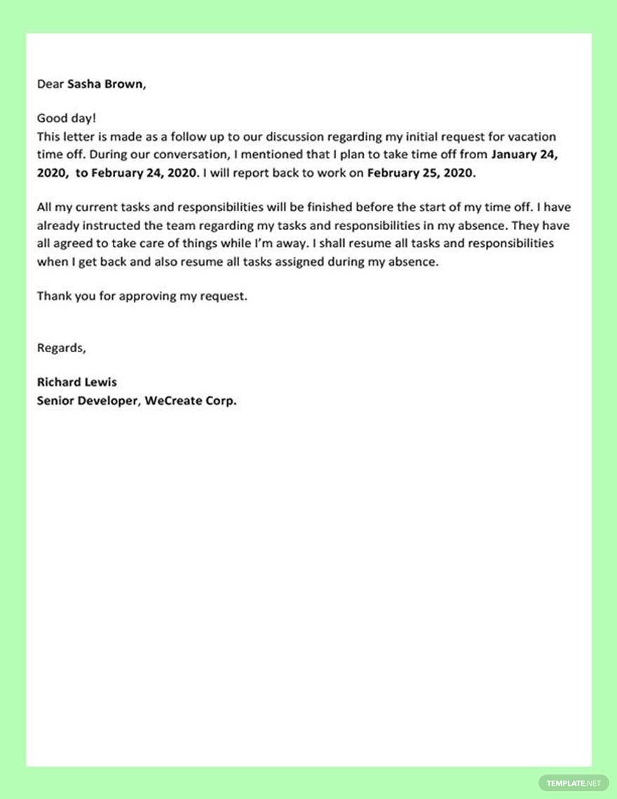 Vacation Letter Sample to Employer Template