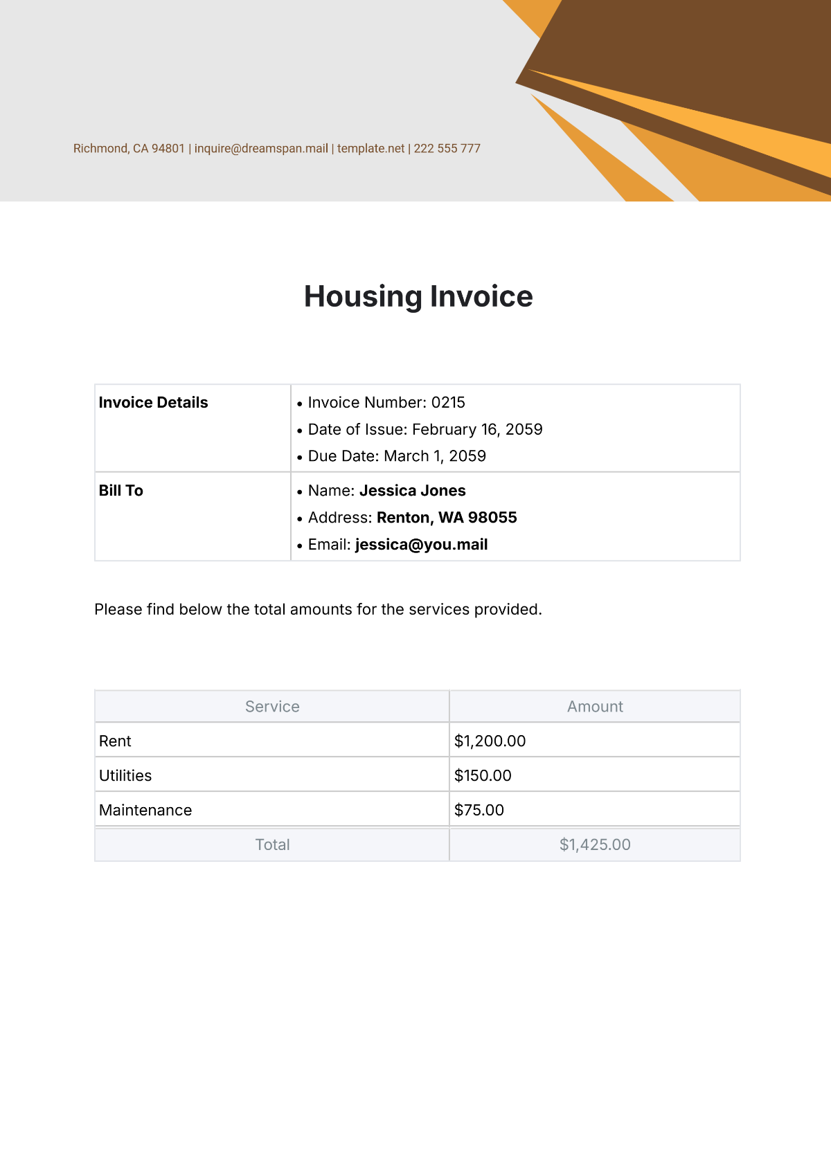 Housing Invoice Template - Edit Online & Download