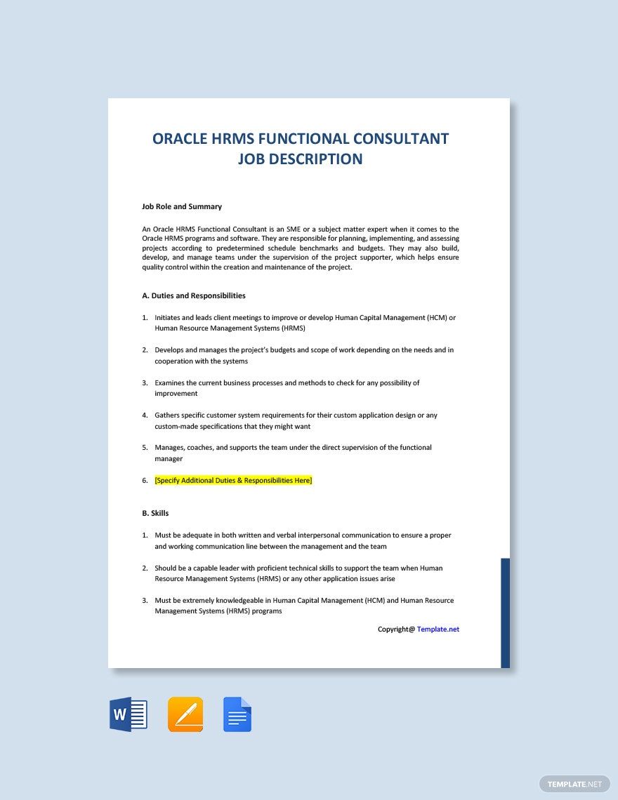 Free Oracle Hrms Functional Consultant Job Description in Word, Google Docs, PDF, Apple Pages