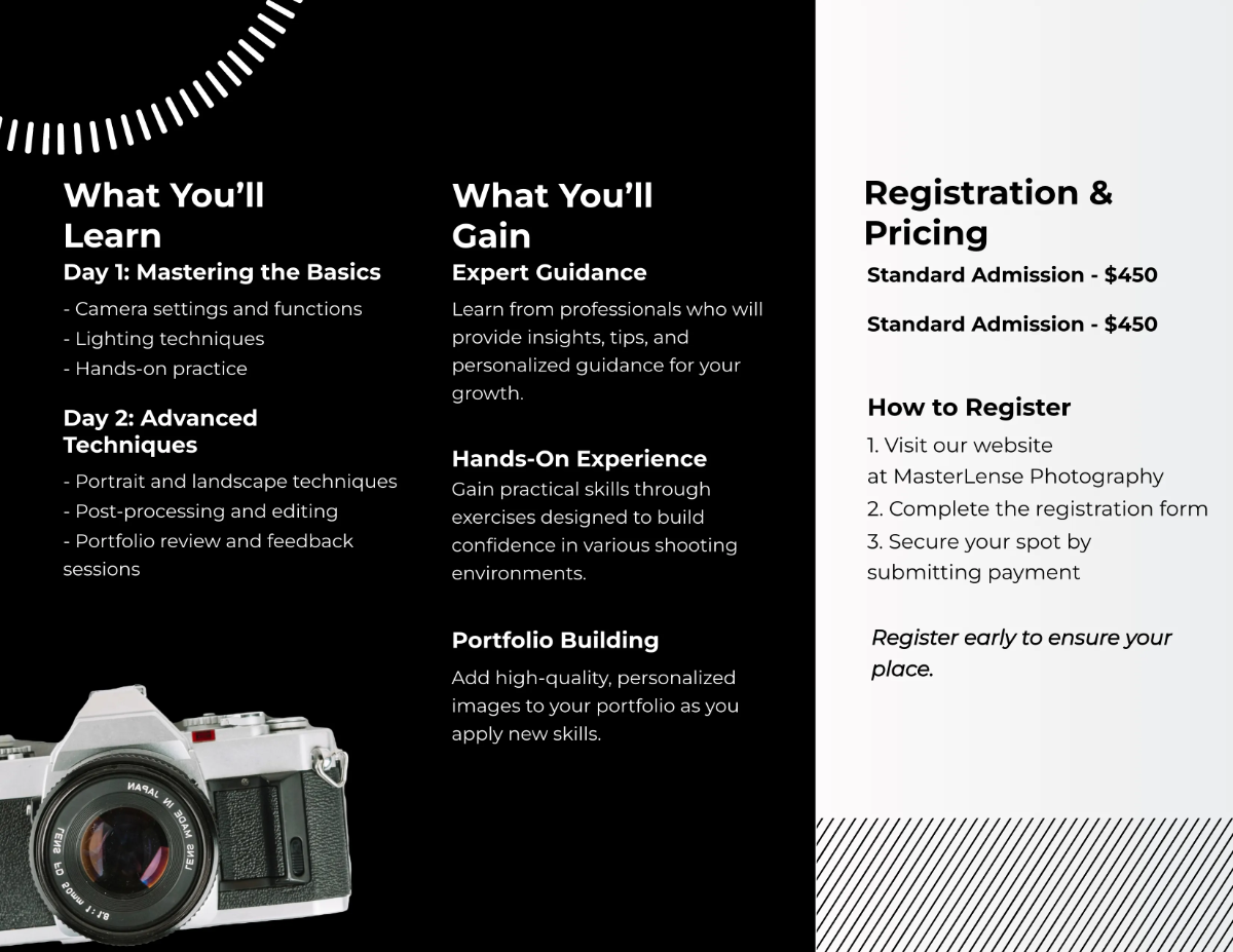 Free Photography Workshop Brochure Template to Edit Online