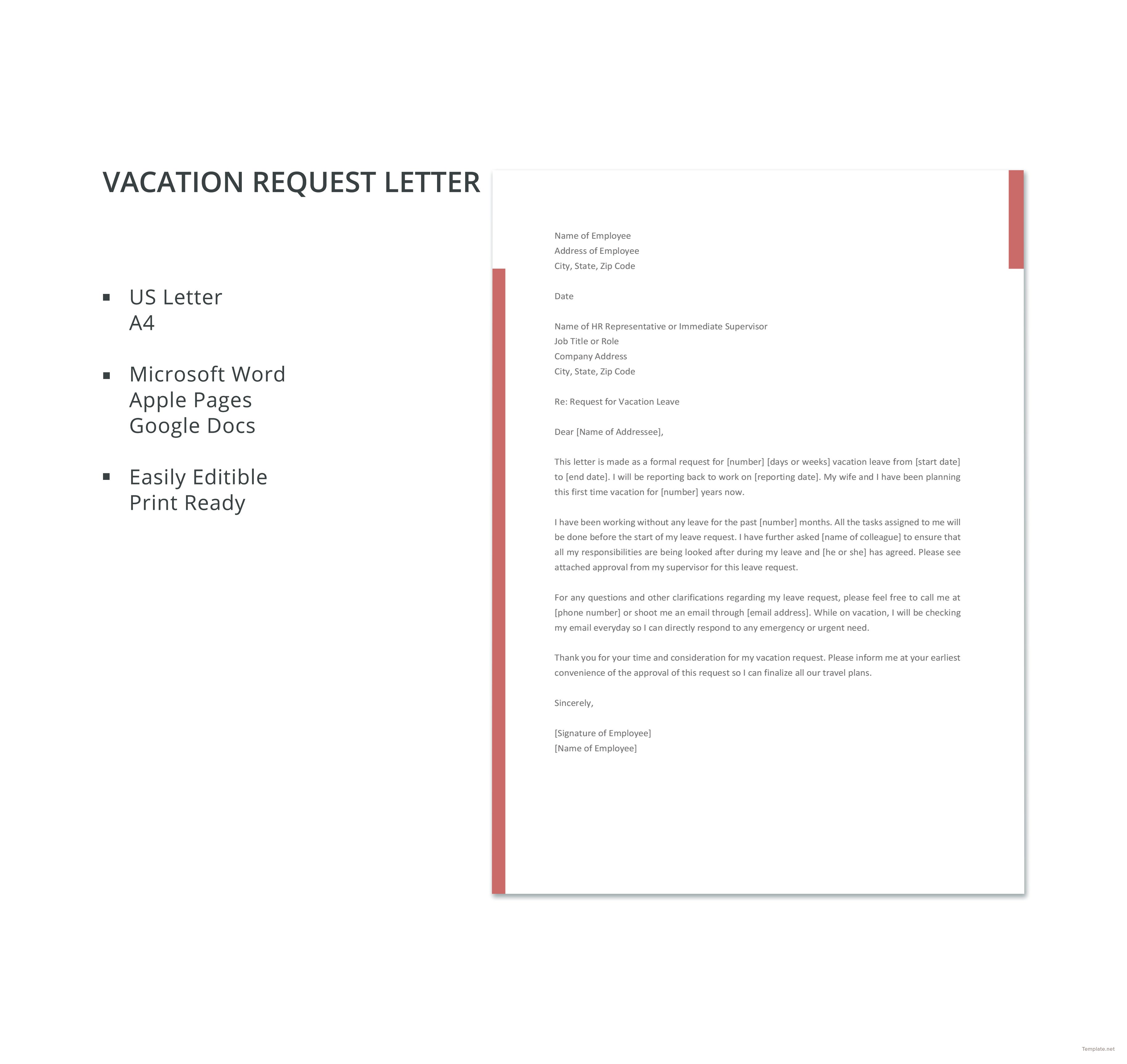 Vacation Request Letter Template in Microsoft Word, Apple Pages, Google