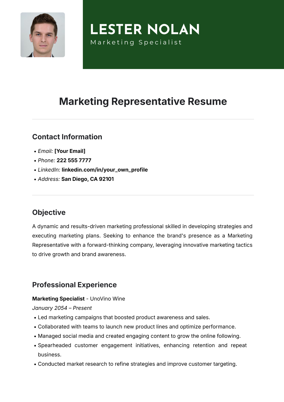 Marketing Representative Resume Template - Edit Online & Download