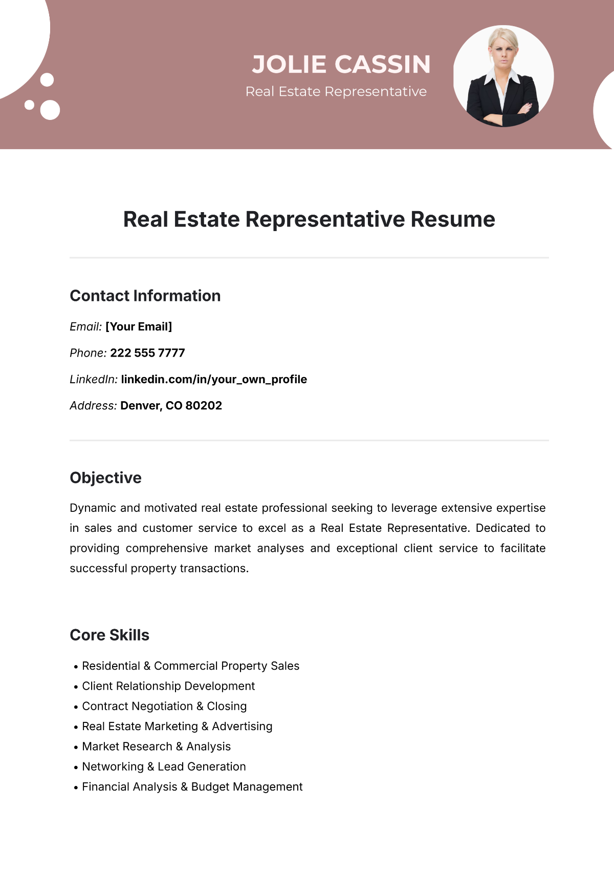 Real Estate Representative Resume Template - Edit Online & Download