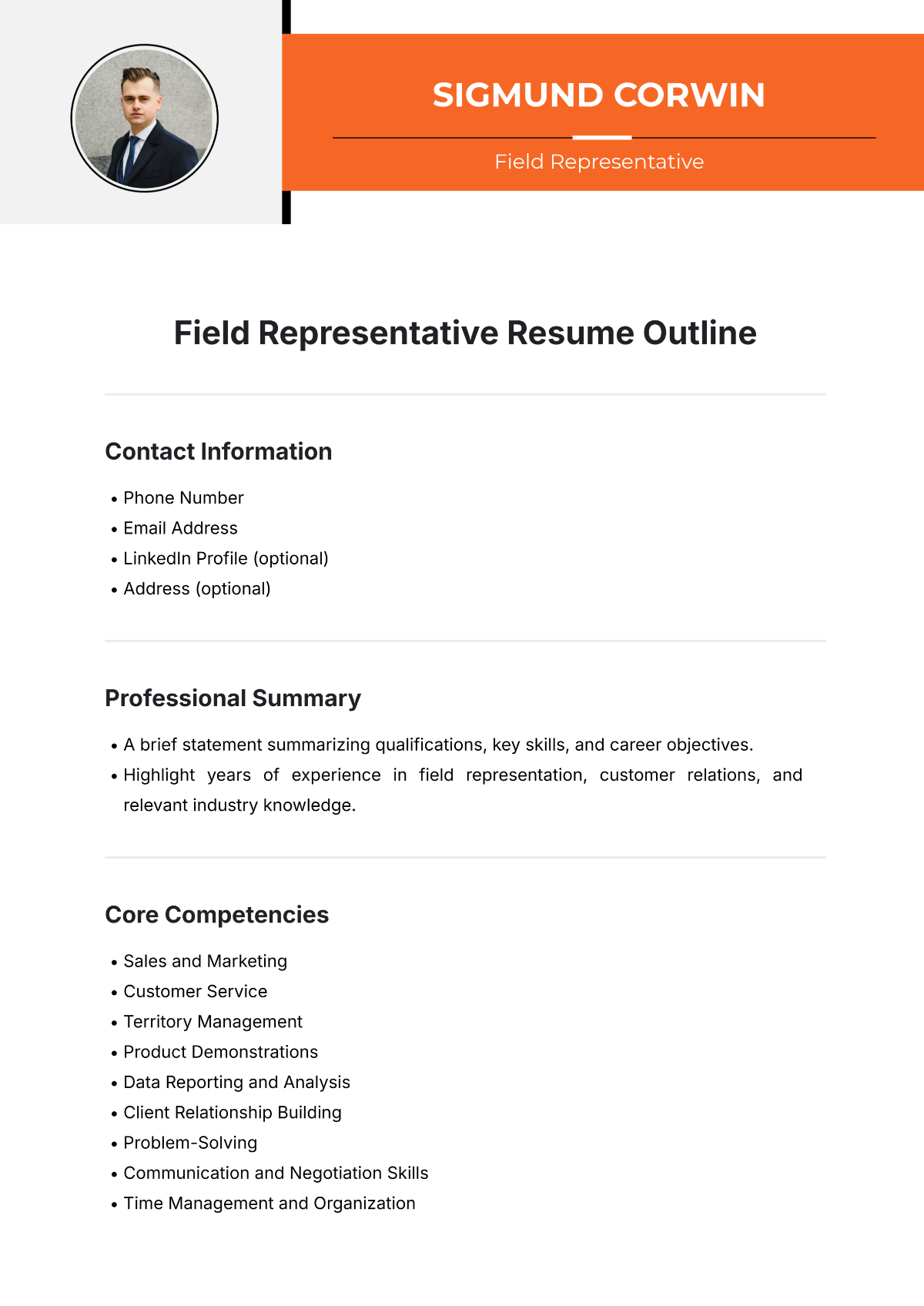 Field Representative Resume Outline Template - Edit Online & Download